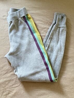 Wildfox Gray Sweatpants with Yellow, Mint & Purple Side Stripes